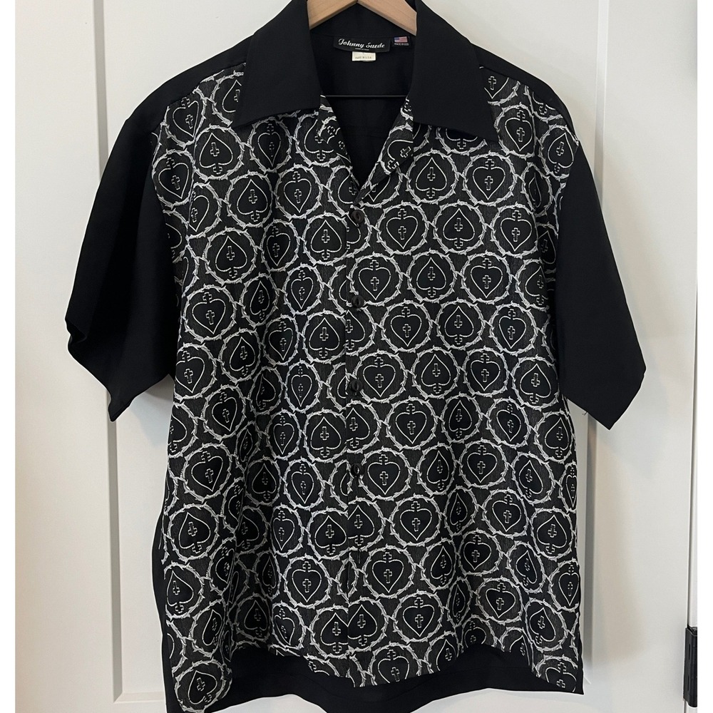 Johnny Suede Vintage Bowling Shirt Black Heart Thorns Spade Cross USA Men Large